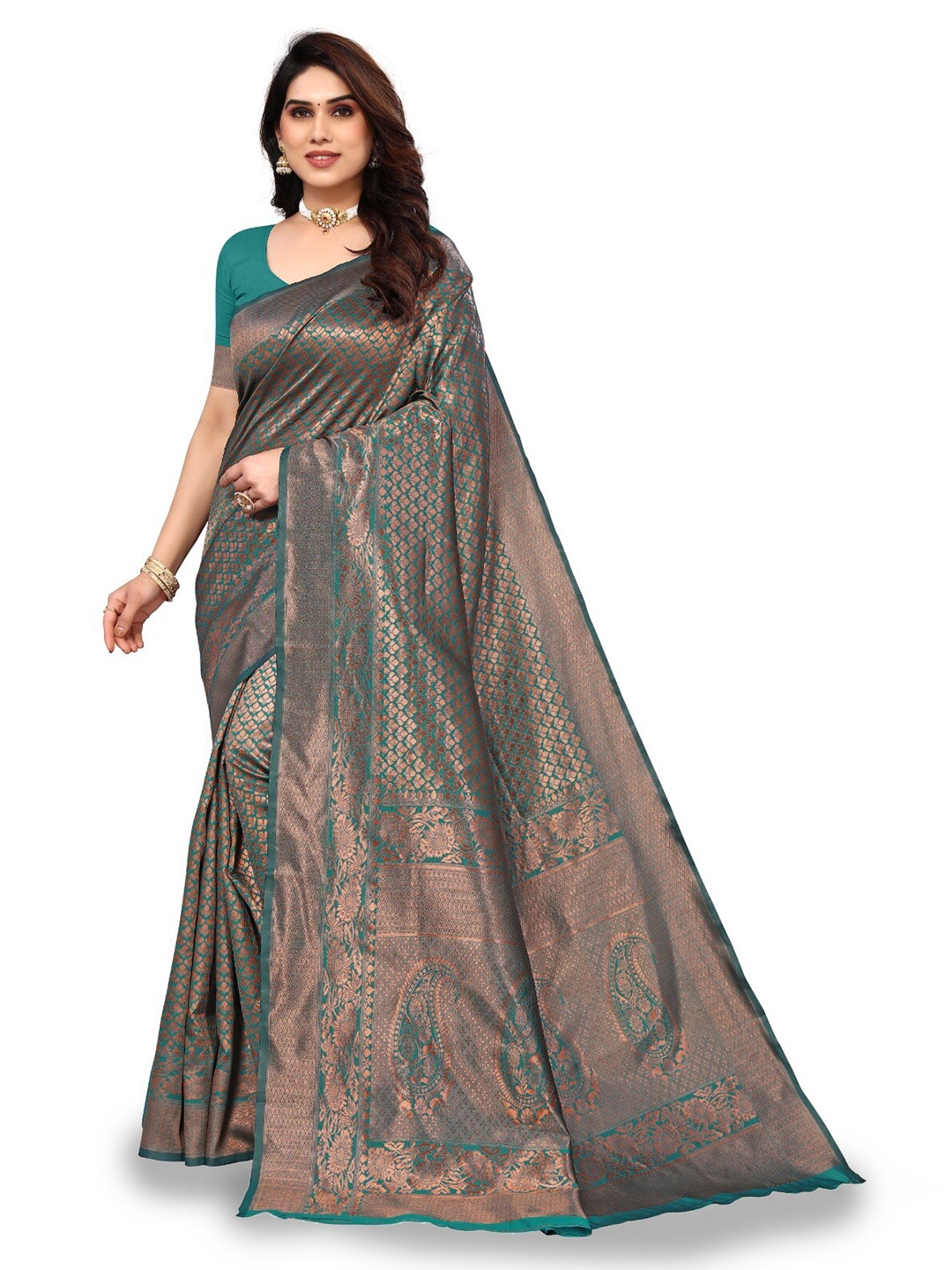 

DIVASTRI Ethnic Motifs Woven Design Zari Silk Cotton Banarasi Saree, Sea green