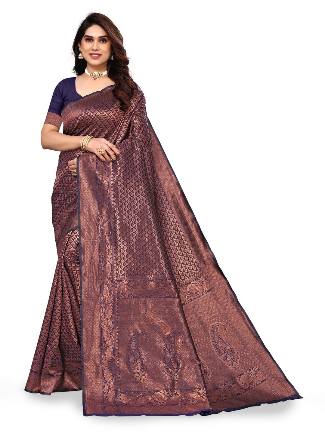 

DIVASTRI Woven Design Zari Silk Cotton Banarasi Saree, Navy blue