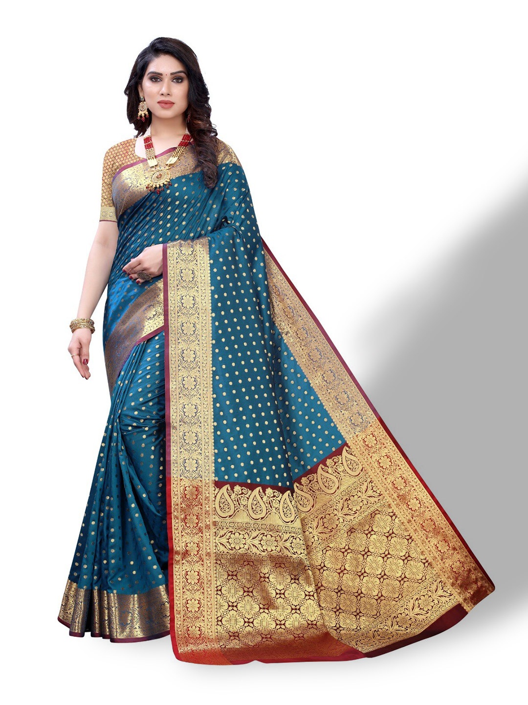 

DIVASTRI Ethnic Motifs Woven Design Zari Silk Cotton Banarasi Saree, Turquoise blue