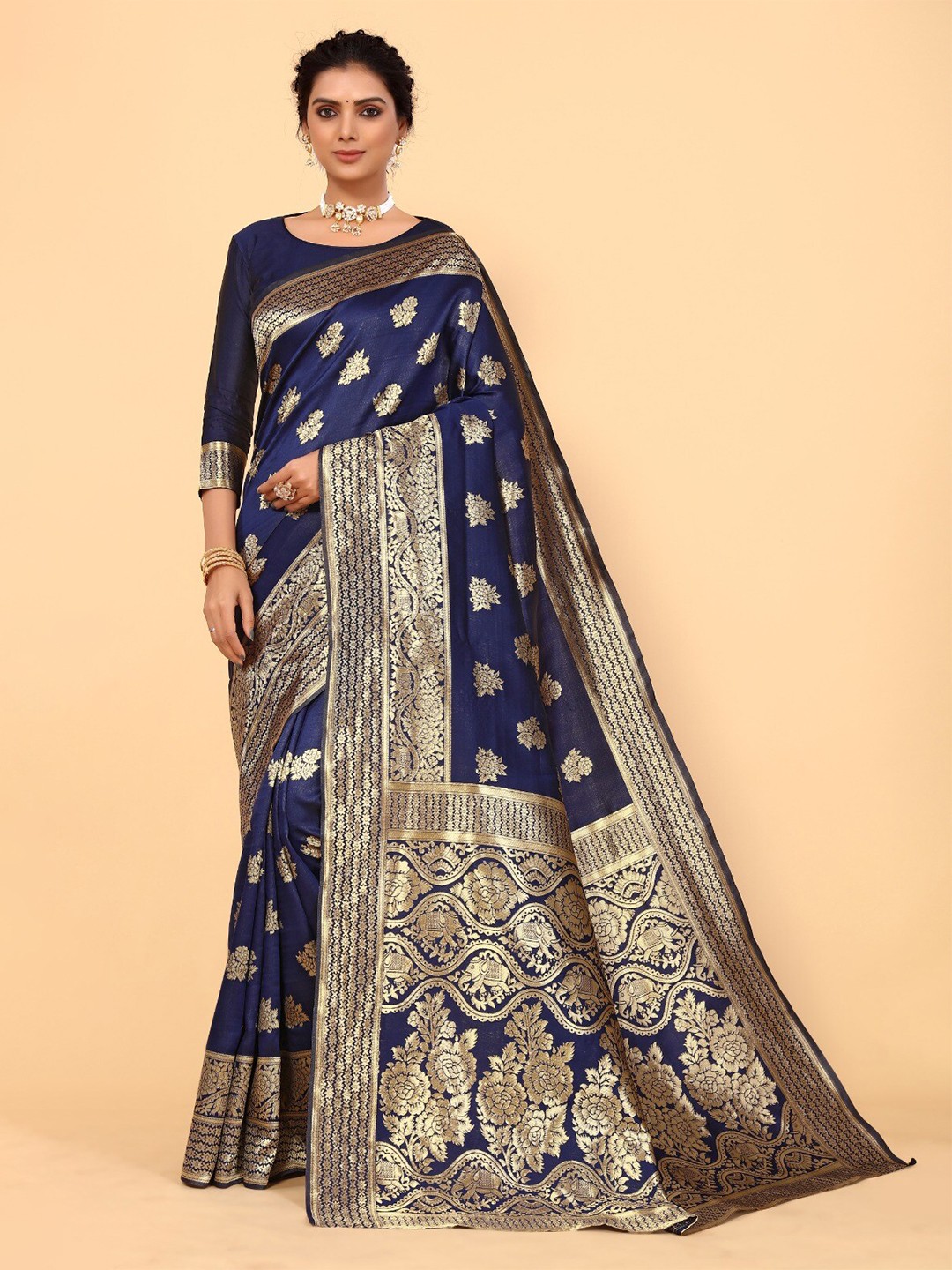 

DIVASTRI Ethnic Motifs Zari Silk Cotton Banarasi Saree, Navy blue