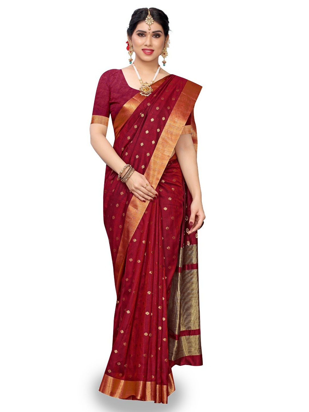 

DIVASTRI Polka Dots Woven Design Zari Silk Cotton Banarasi Saree, Maroon