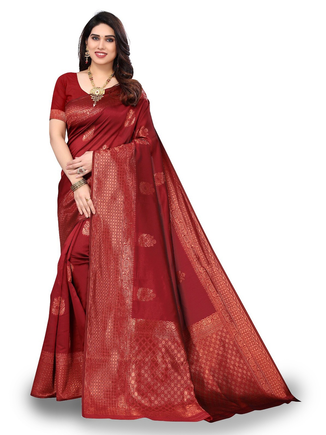 

DIVASTRI Ethnic Motifs Woven Design Zari Silk Cotton Banarasi Saree, Maroon