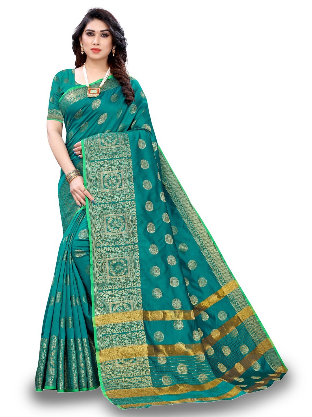 

DIVASTRI Ethnic Motif Woven Design Zari Silk Cotton Banarasi Saree, Sea green