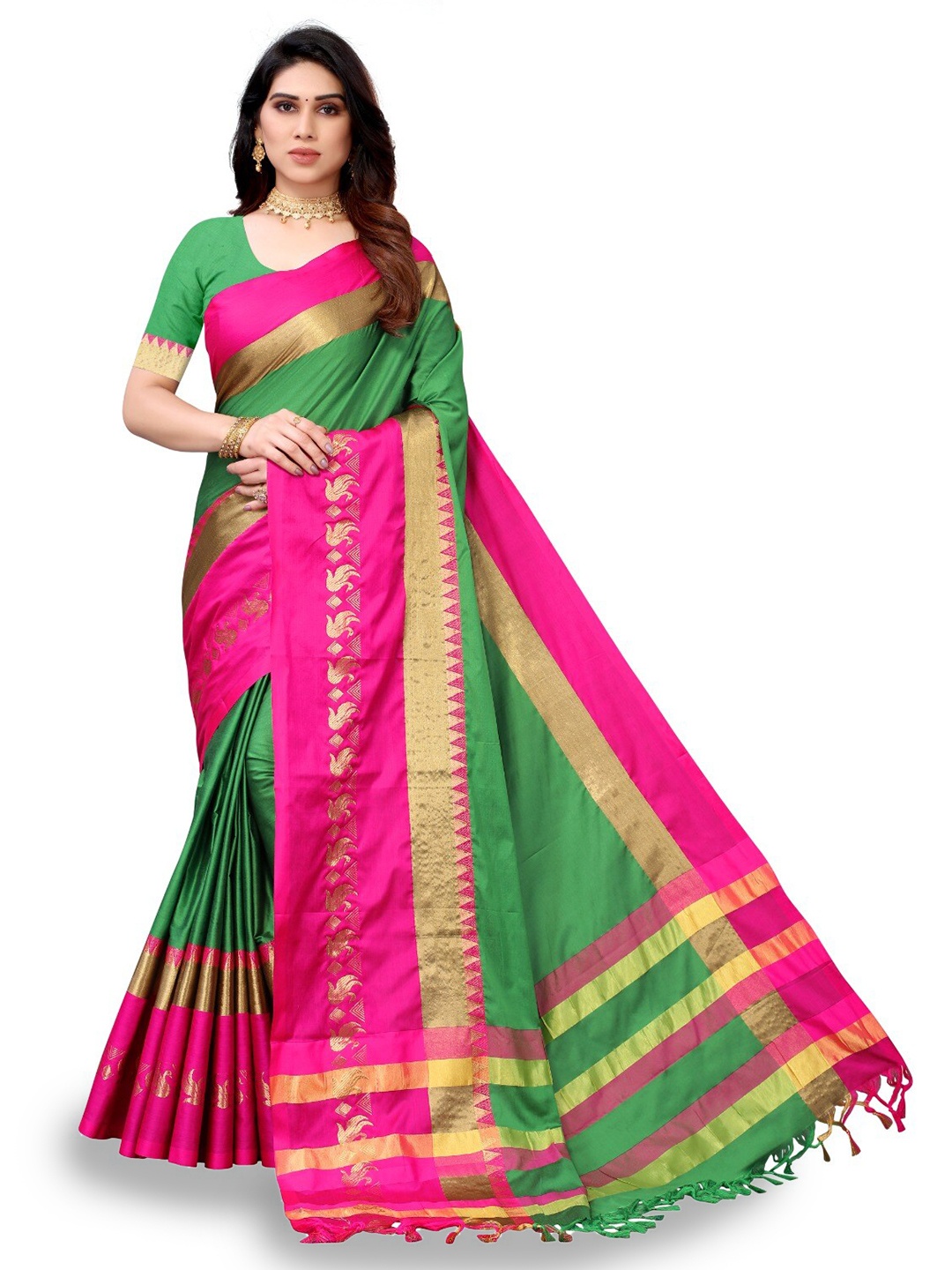 

DIVASTRI Ethnic Motifs Woven Design Zari Silk Cotton Banarasi Saree, Green