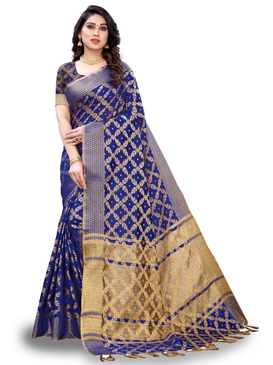 

DIVASTRI Floral Woven Design Zari Silk Cotton Banarasi Saree, Blue