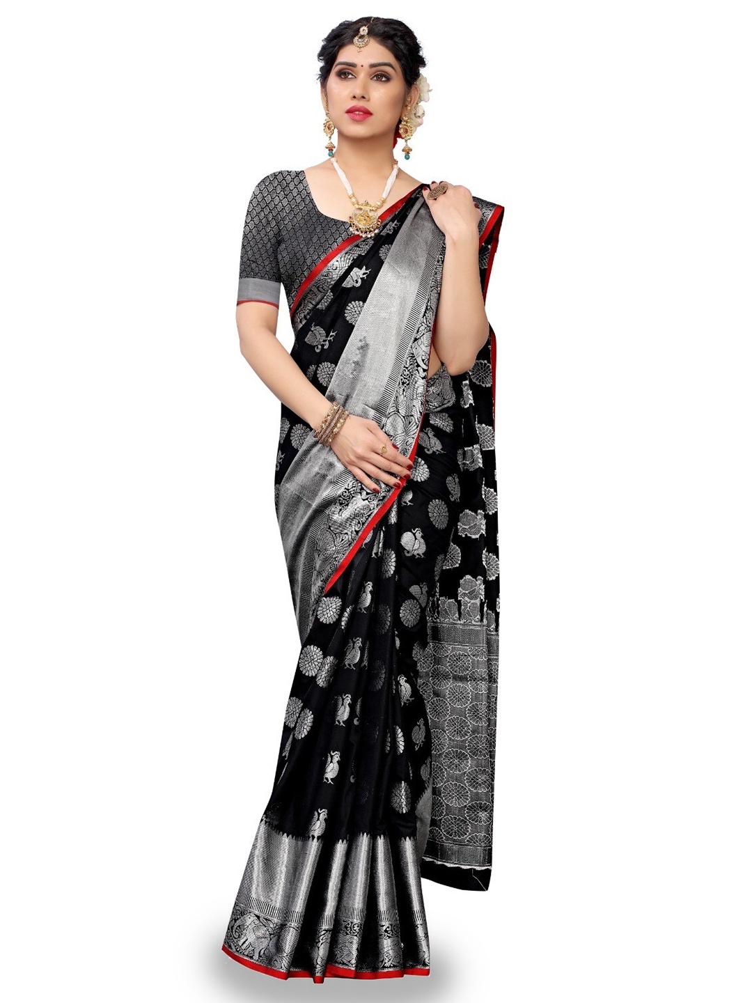 

DIVASTRI Ethnic Motifs Woven Design Zari Silk Cotton Kanjeevaram Saree, Black