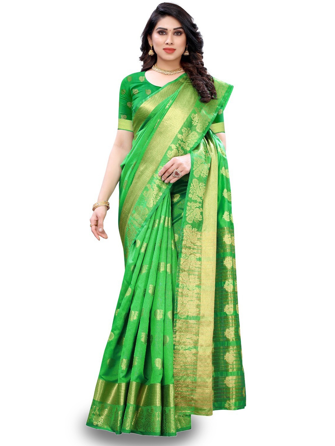 

DIVASTRI Ethnic Motif Woven Design Zari Silk Cotton Banarasi Saree, Green