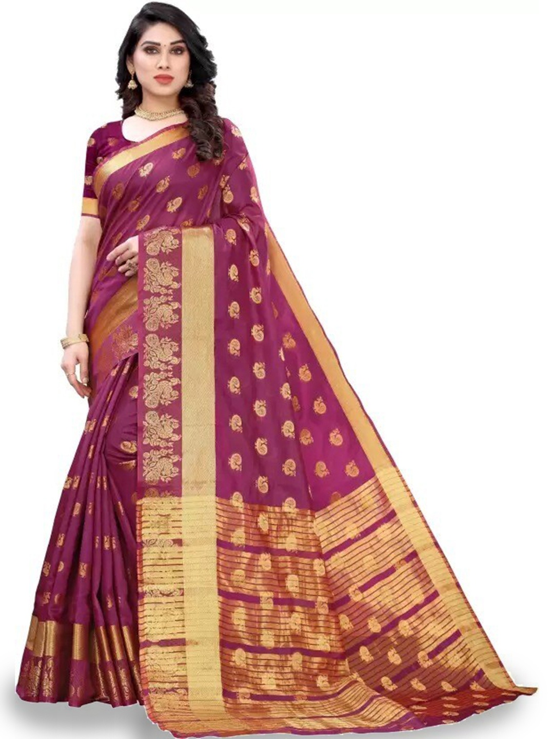

DIVASTRI Ethnic Motif Woven Design Zari Silk Cotton Banarasi Saree, Purple