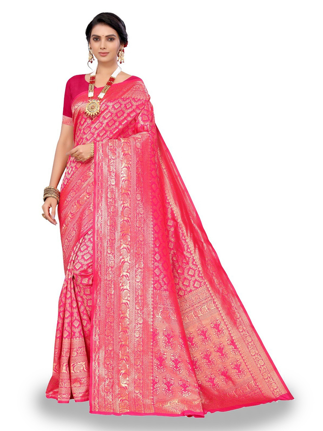 

DIVASTRI Ethnic Motif Woven Design Zari Silk Cotton Banarasi Saree, Pink