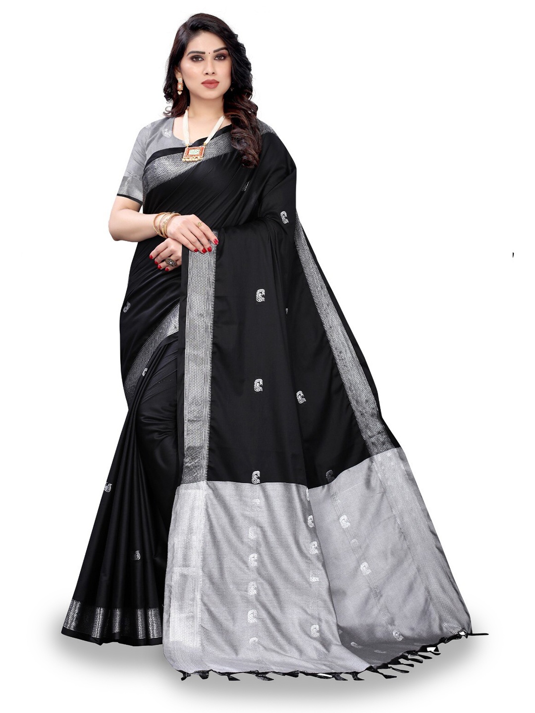 

DIVASTRI Ethnic Motifs Woven Design Zari Silk Cotton Banarasi Saree, Black