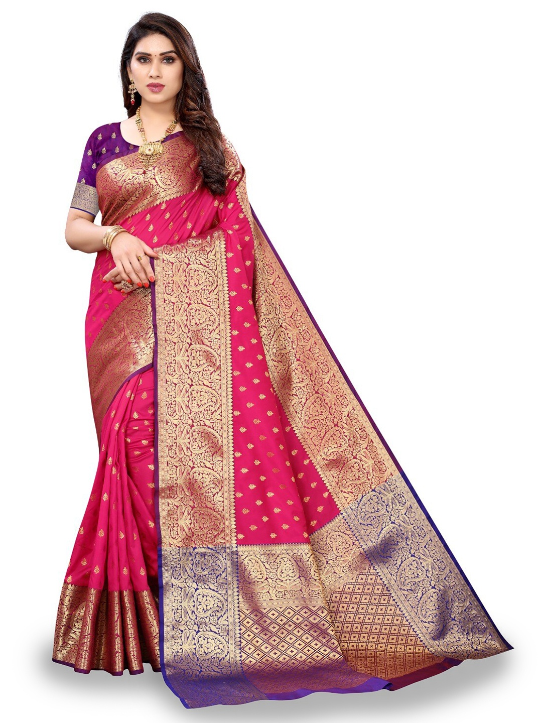 

DIVASTRI Ethnic Motifs Zari Silk Cotton Banarasi Saree, Pink