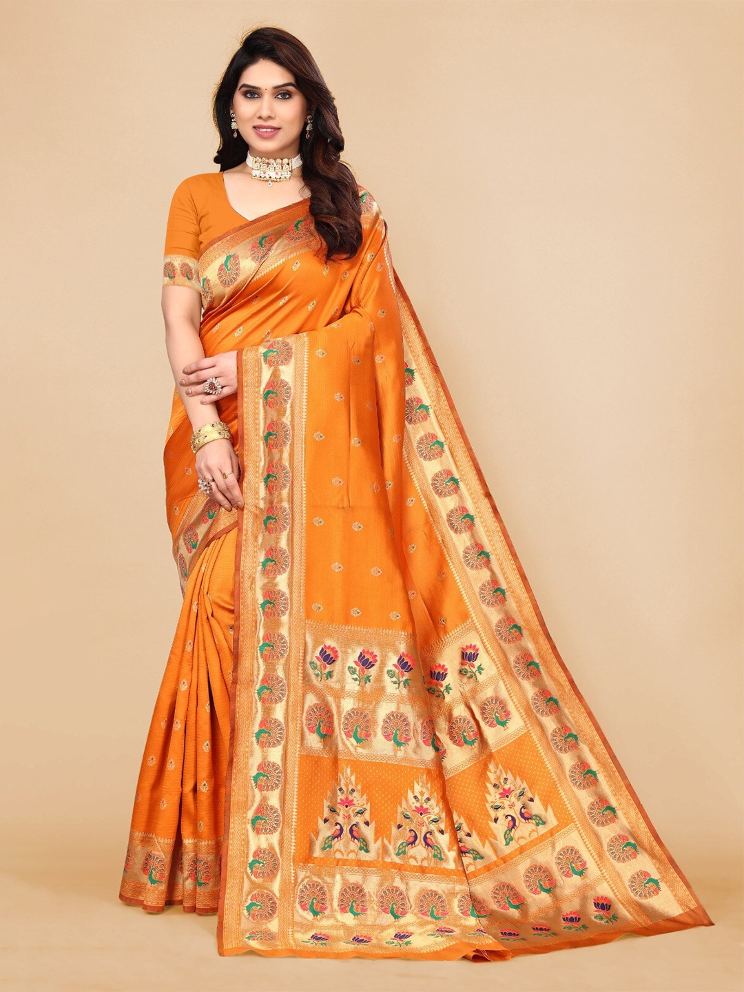 

DIVASTRI Ethnic Motif Woven Design Zari Silk Cotton Paithani Saree, Orange