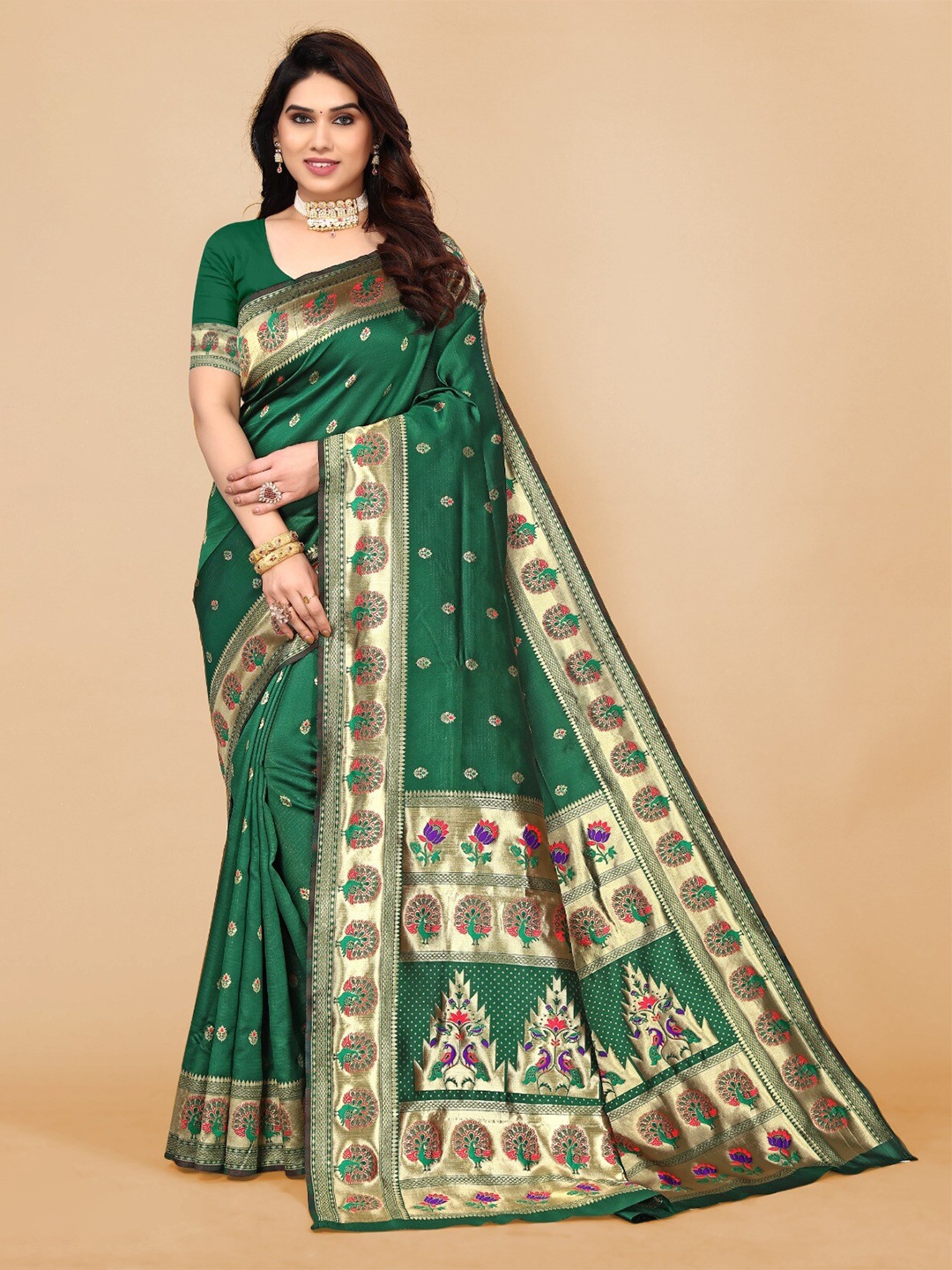 

DIVASTRI Floral Woven Design Zari Silk Cotton Paithani Saree, Green