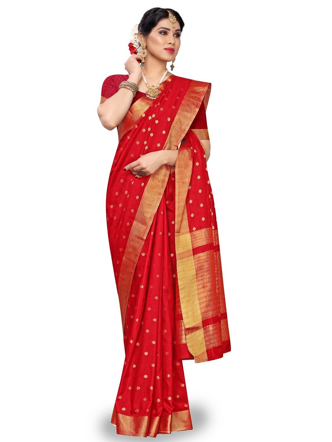 

DIVASTRI Ethnic Motif Zari Silk Cotton Banarasi Saree With Blouse Piece, Red