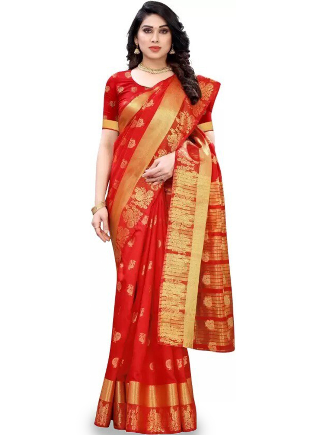 

DIVASTRI Ethnic Motif Woven Design Zari Silk Cotton Saree, Red