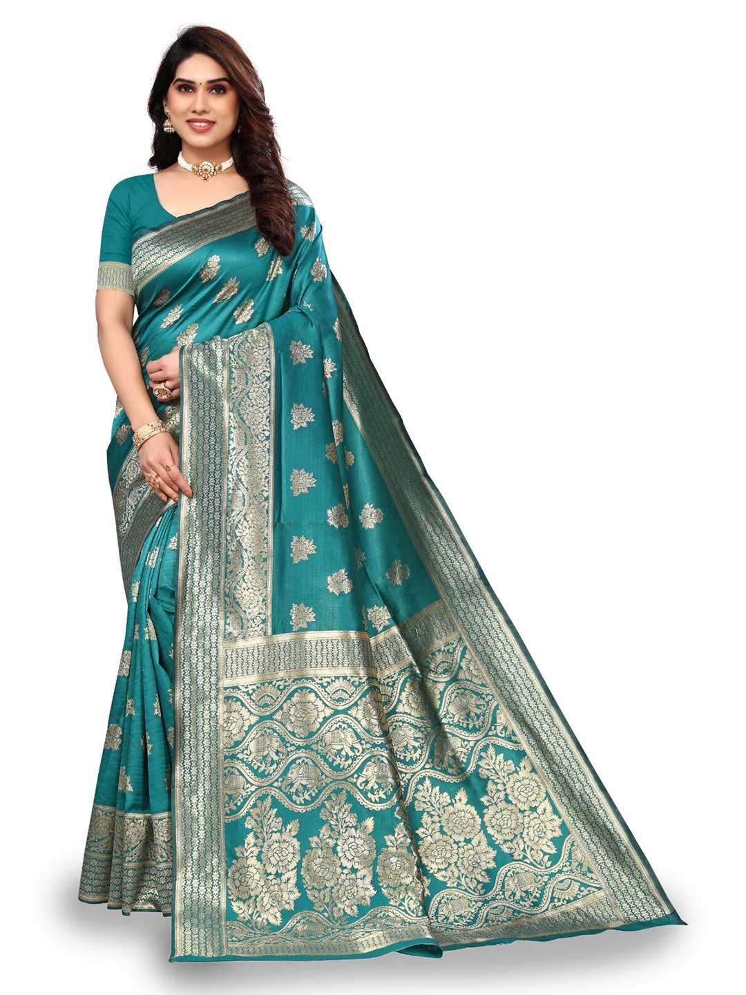 

DIVASTRI Ethnic Motifs Zari Silk Cotton Banarasi Saree, Sea green