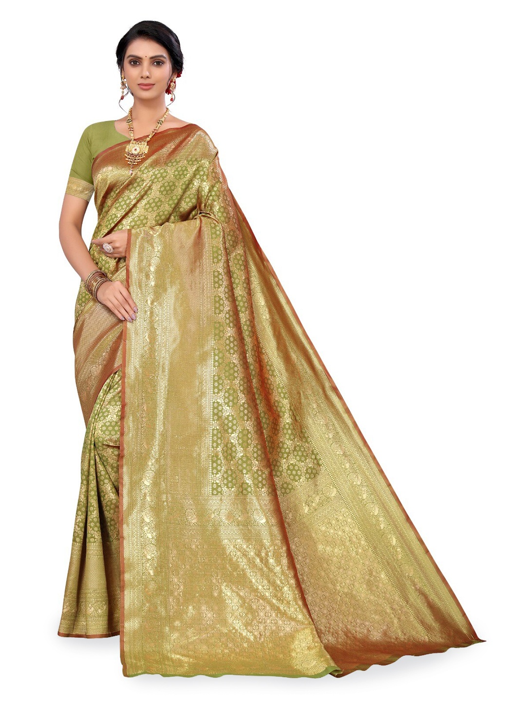 

DIVASTRI Ethnic Motif Woven Design Zari Silk Cotton Banarasi Saree, Olive