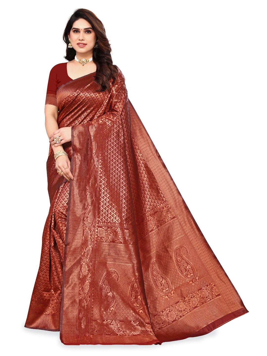 

DIVASTRI Ethnic Motifs Woven Design Zari Silk Cotton Banarasi Saree, Red