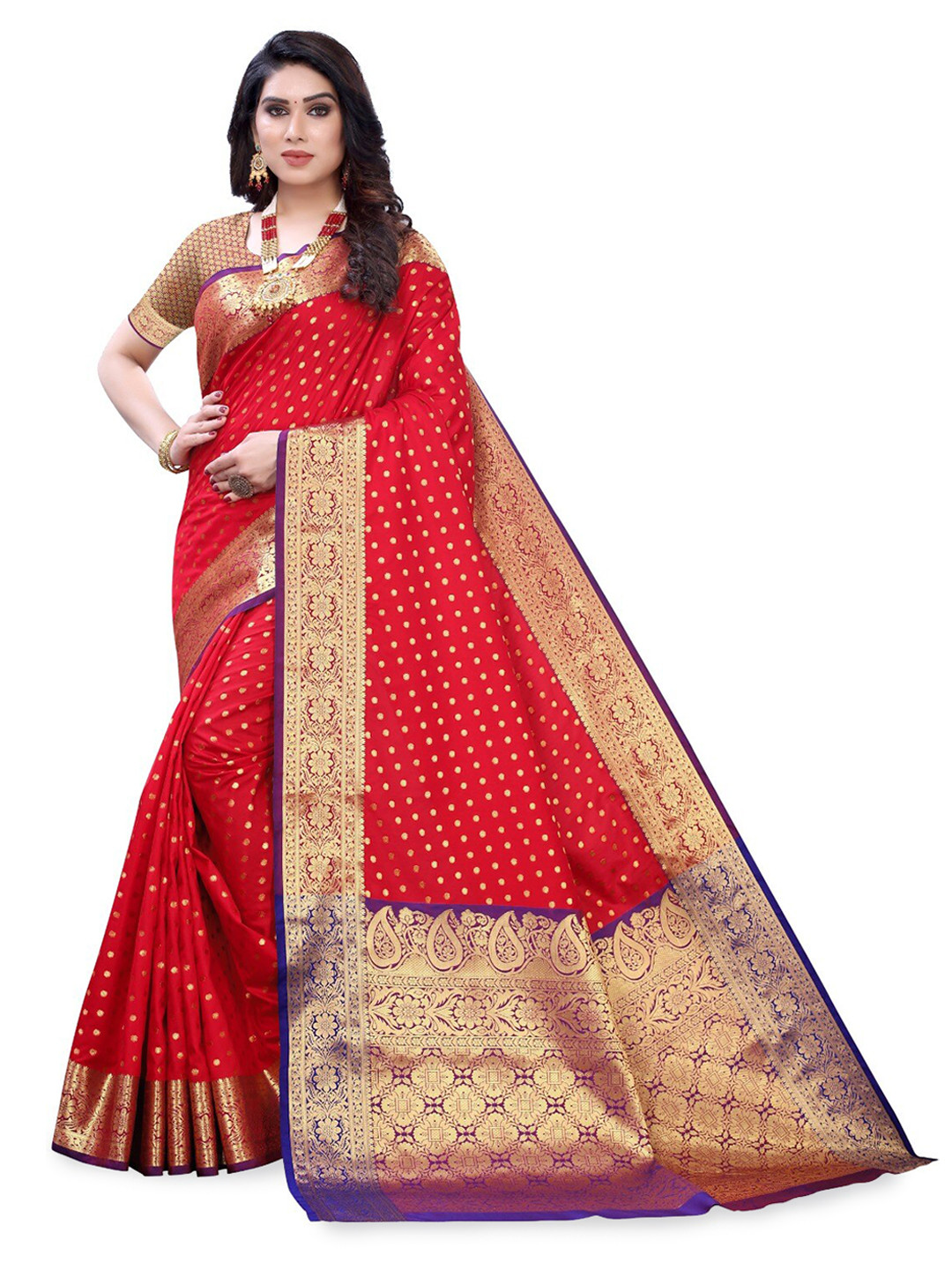 

DIVASTRI Ethnic Motifs Zari Silk Cotton Banarasi Saree, Red