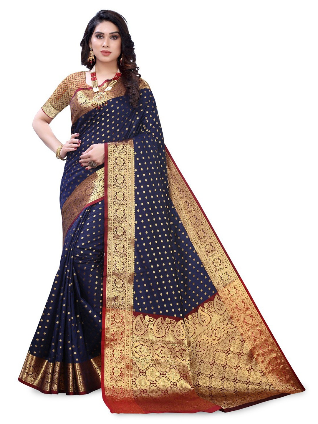 

DIVASTRI Ethnic Motif Woven Design Zari Silk Cotton Banarasi Saree, Navy blue