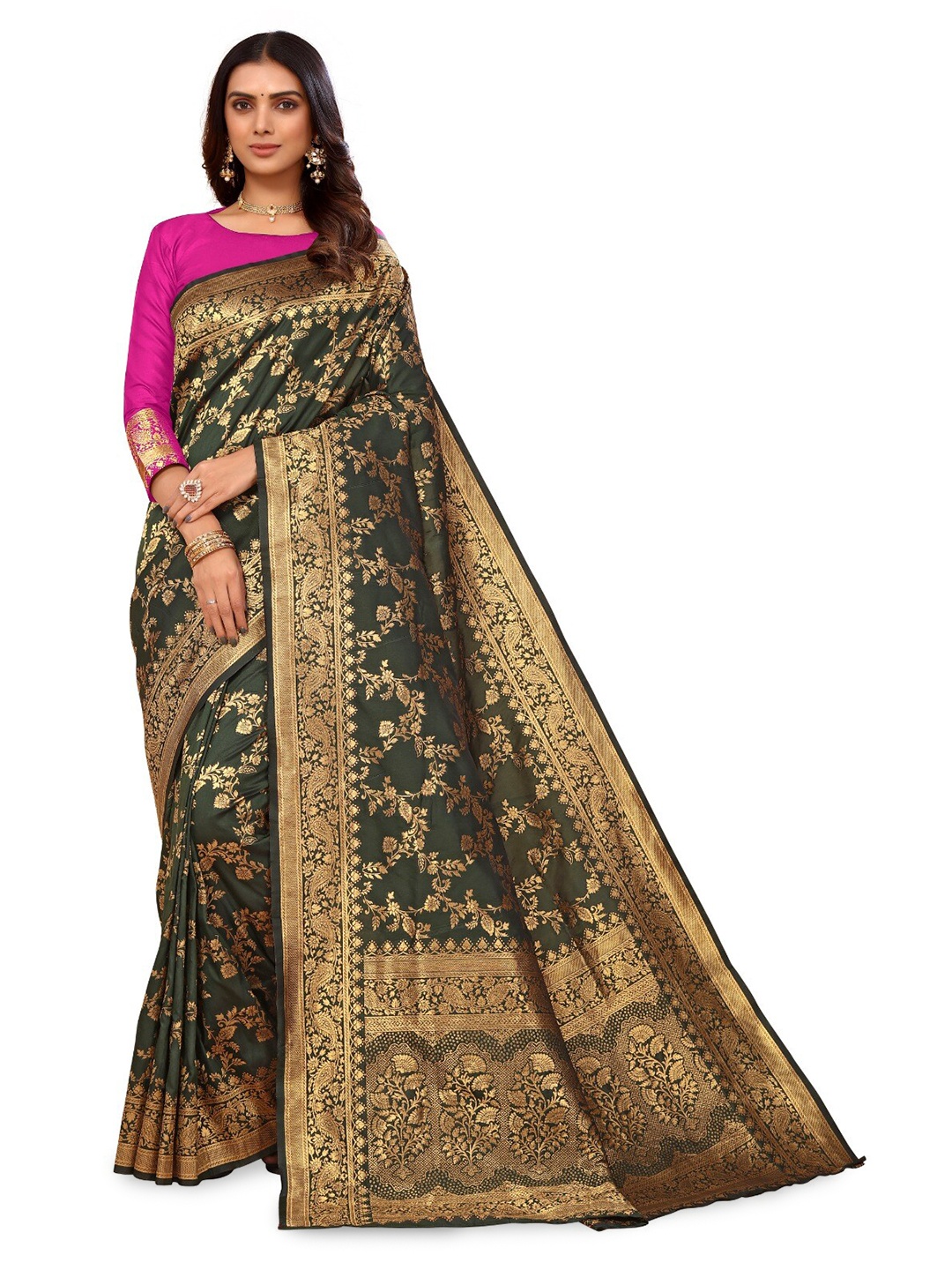 

DIVASTRI Ethnic Motifs Woven Design Zari Silk Cotton Banarasi Saree, Green