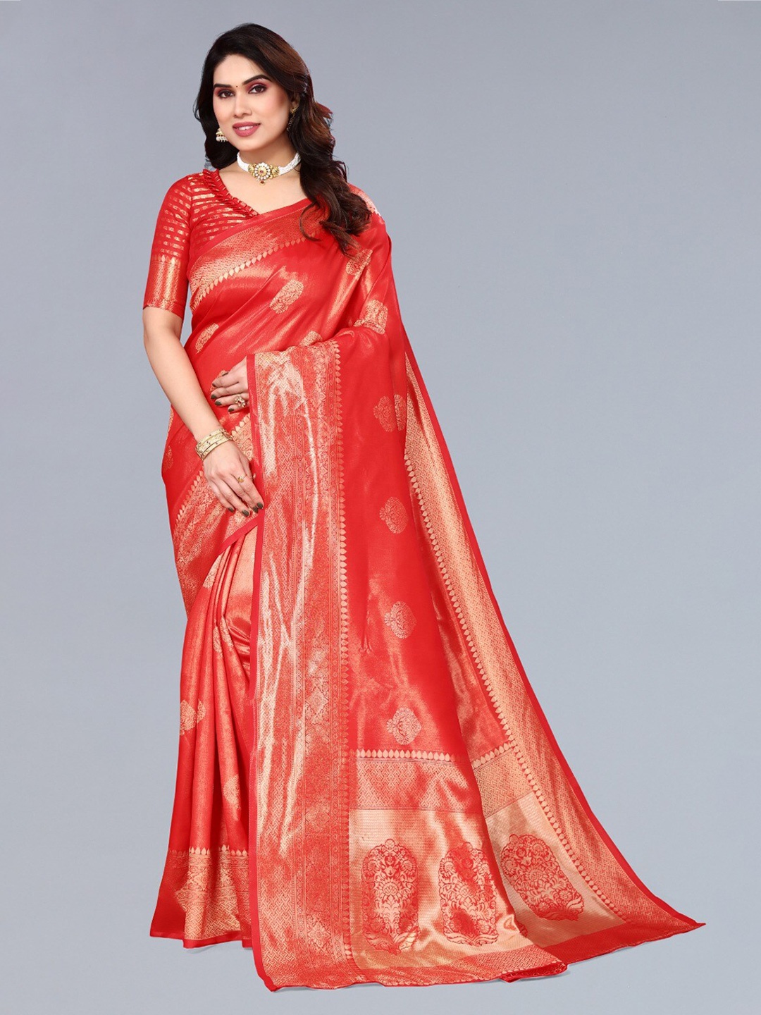 

DIVASTRI Ethnic Motifs Woven Design Zari Silk Cotton Banarasi Saree, Red