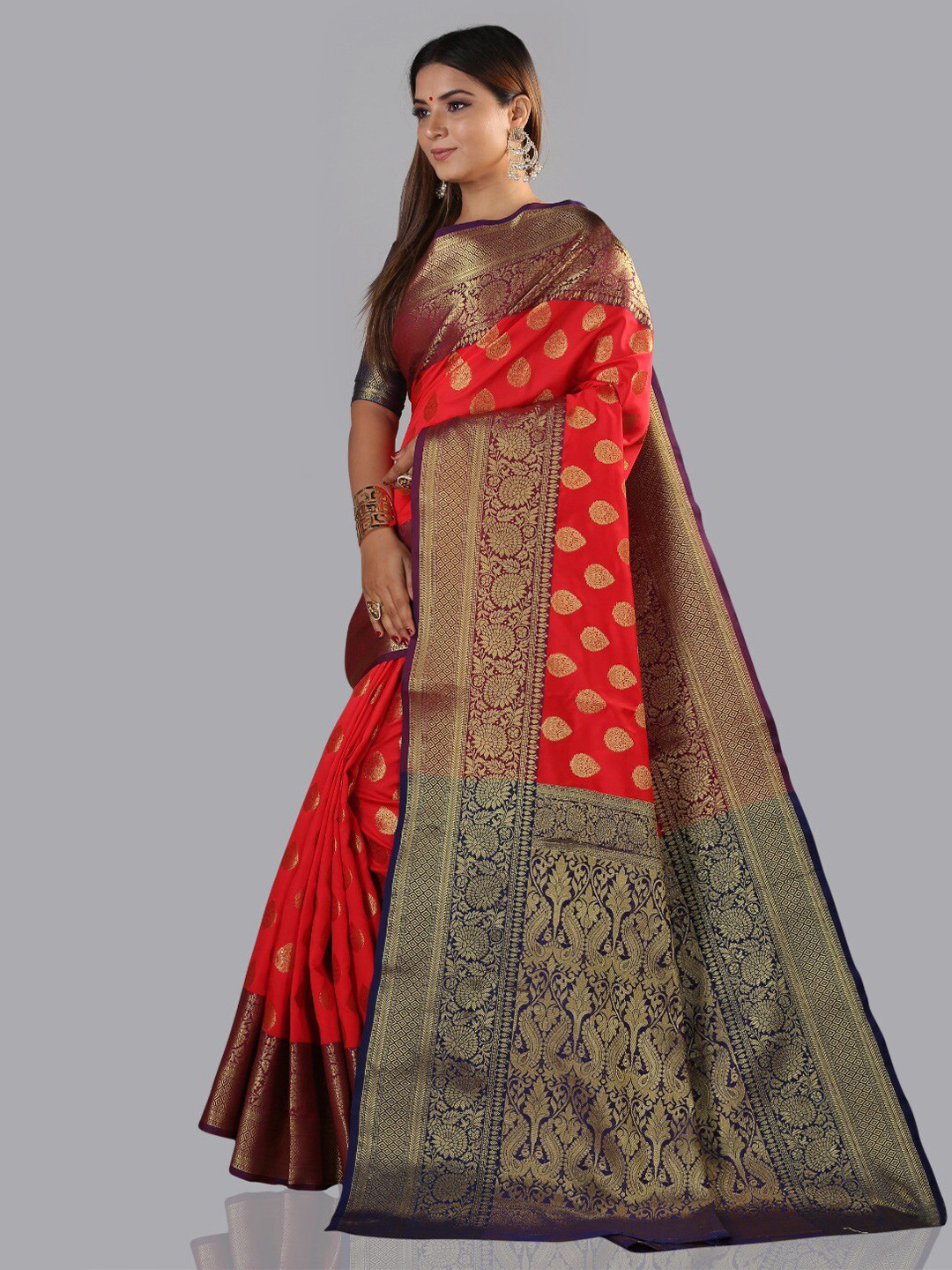 

DIVASTRI Ethnic Motifs Woven Design Zari Silk Cotton Kanjeevaram Saree, Red
