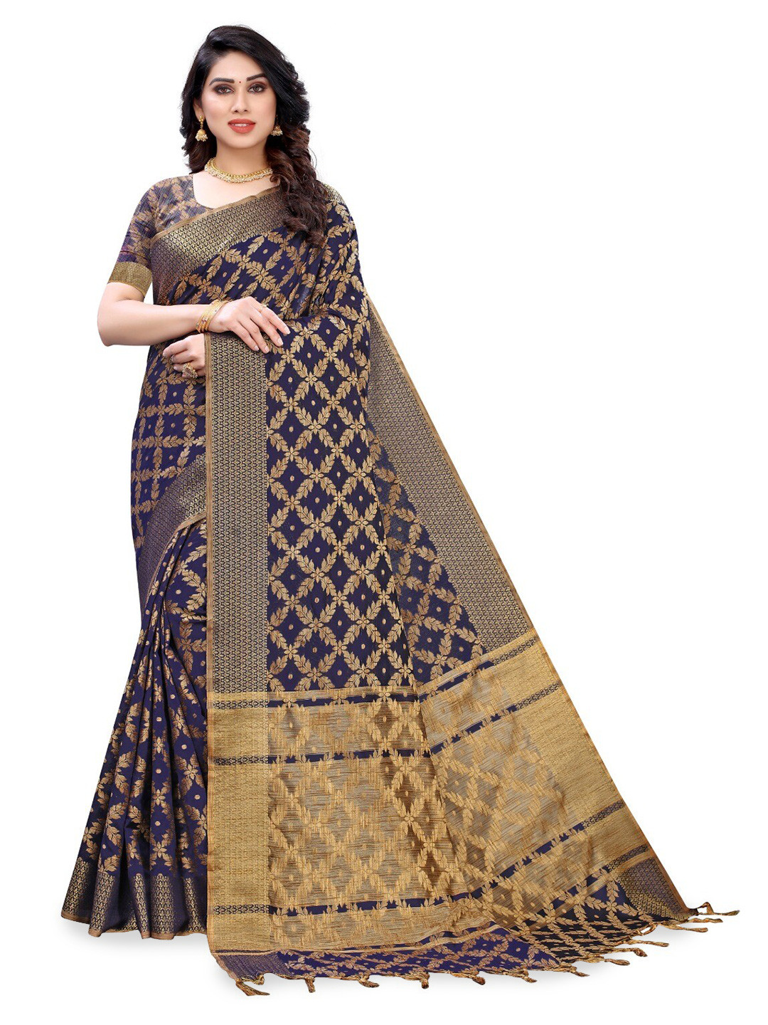 

DIVASTRI Ethnic Motifs Woven Design Zari Silk Cotton Banarasi Saree, Navy blue