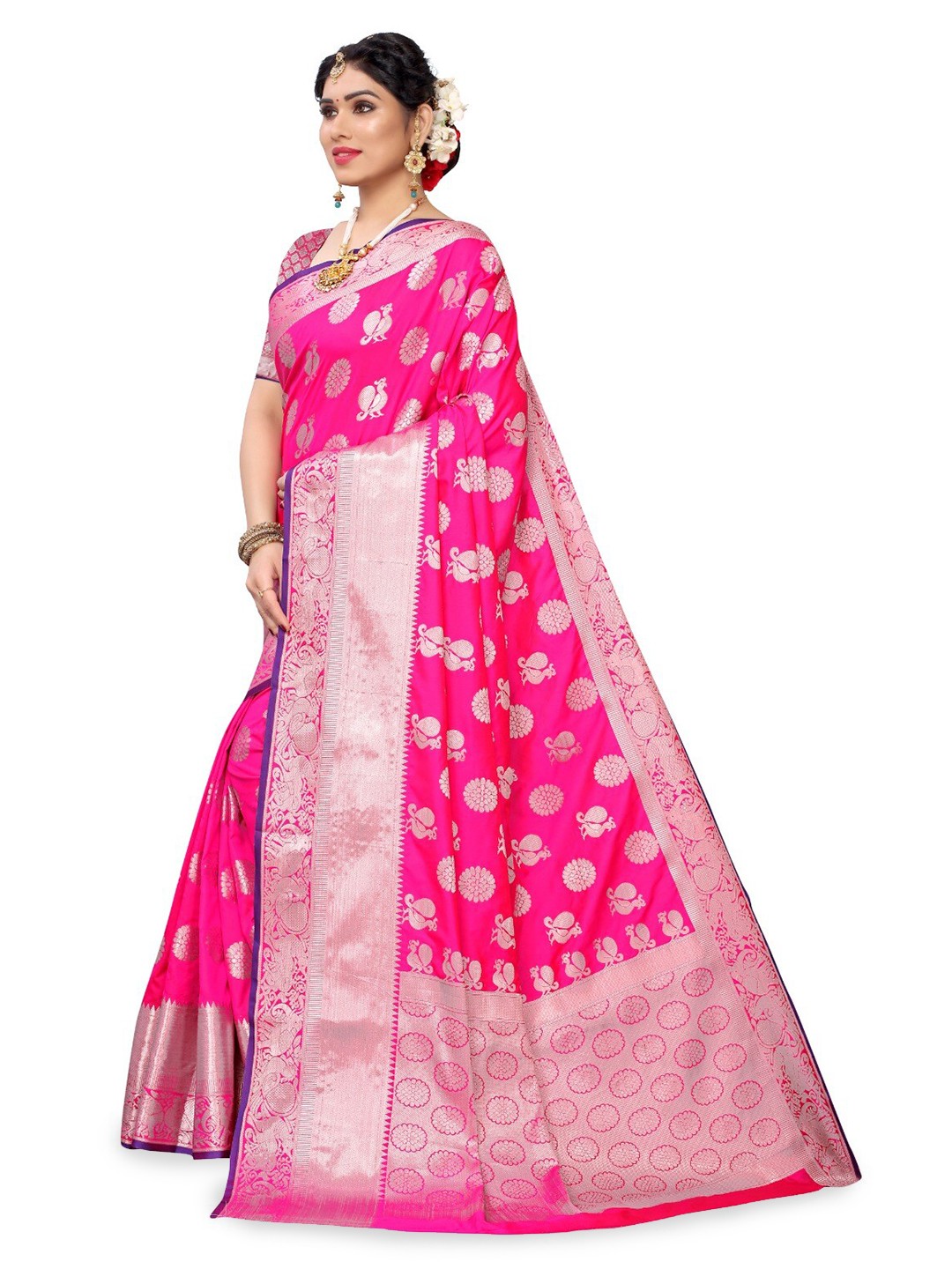 

DIVASTRI Ethnic Motif Woven Design Zari Silk Cotton Kanjeevaram Saree, Pink