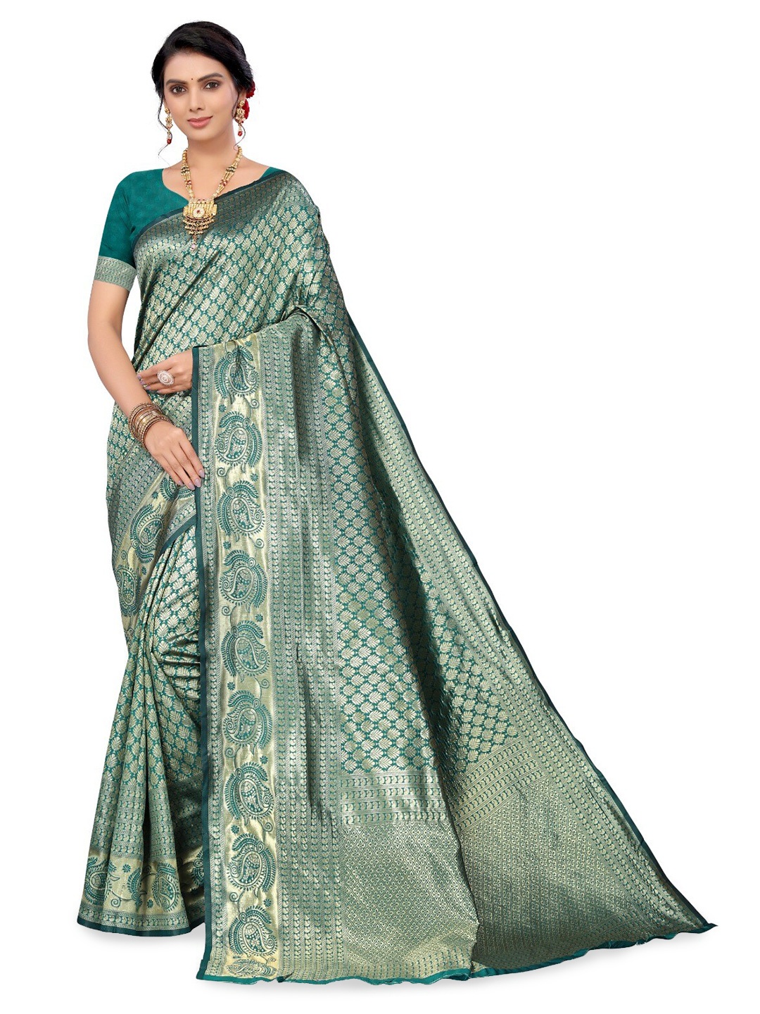 

DIVASTRI Ethnic Motifs Woven Design Zari Silk Cotton Banarasi Saree, Sea green