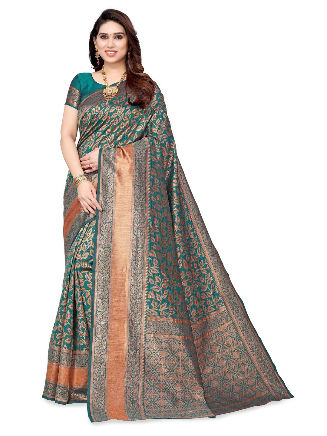 

DIVASTRI Floral Woven Design Zari Silk Cotton Banarasi Saree, Sea green