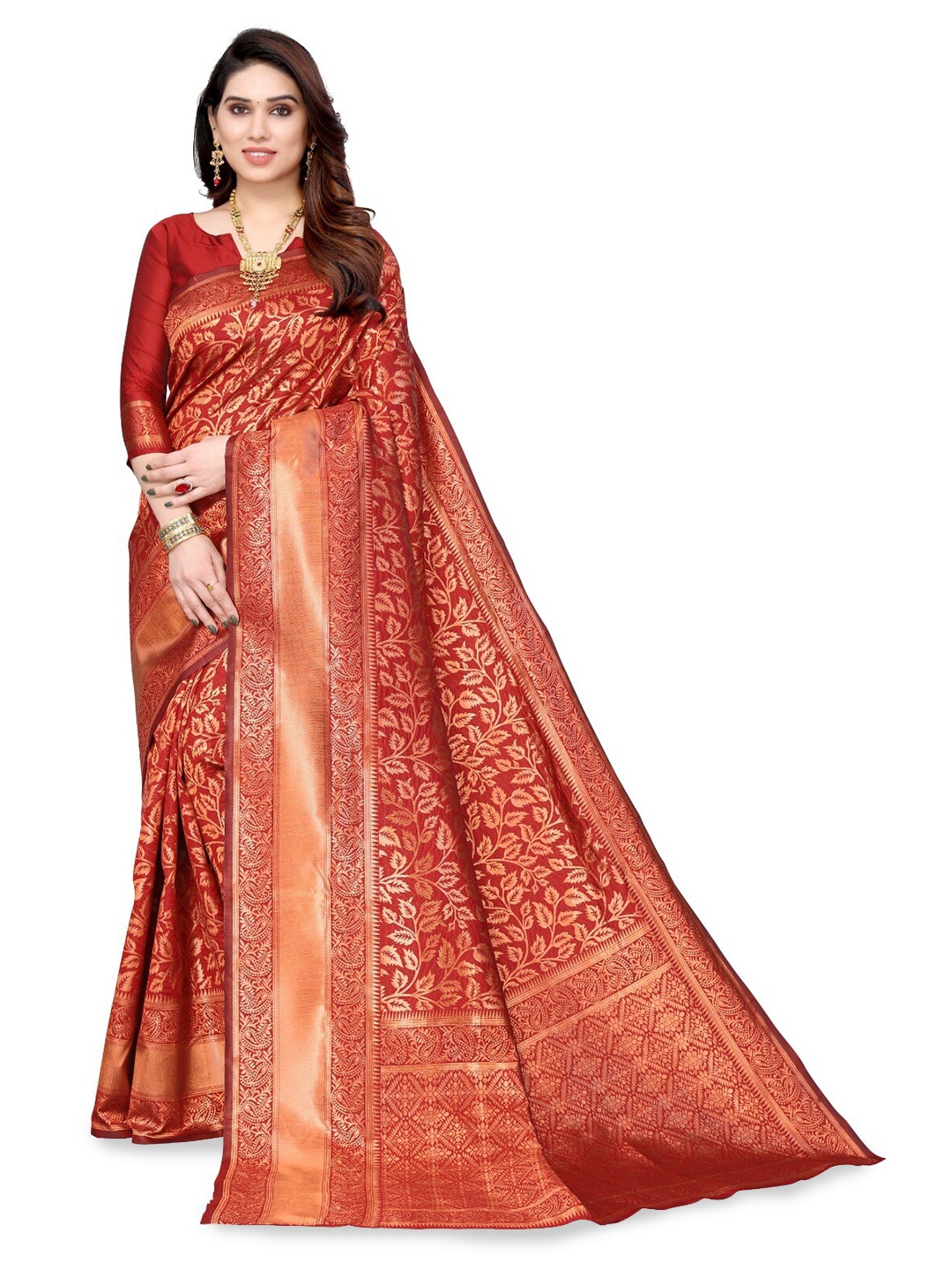 

DIVASTRI Ethnic Motifs Woven Design Zari Silk Cotton Banarasi Saree, Red