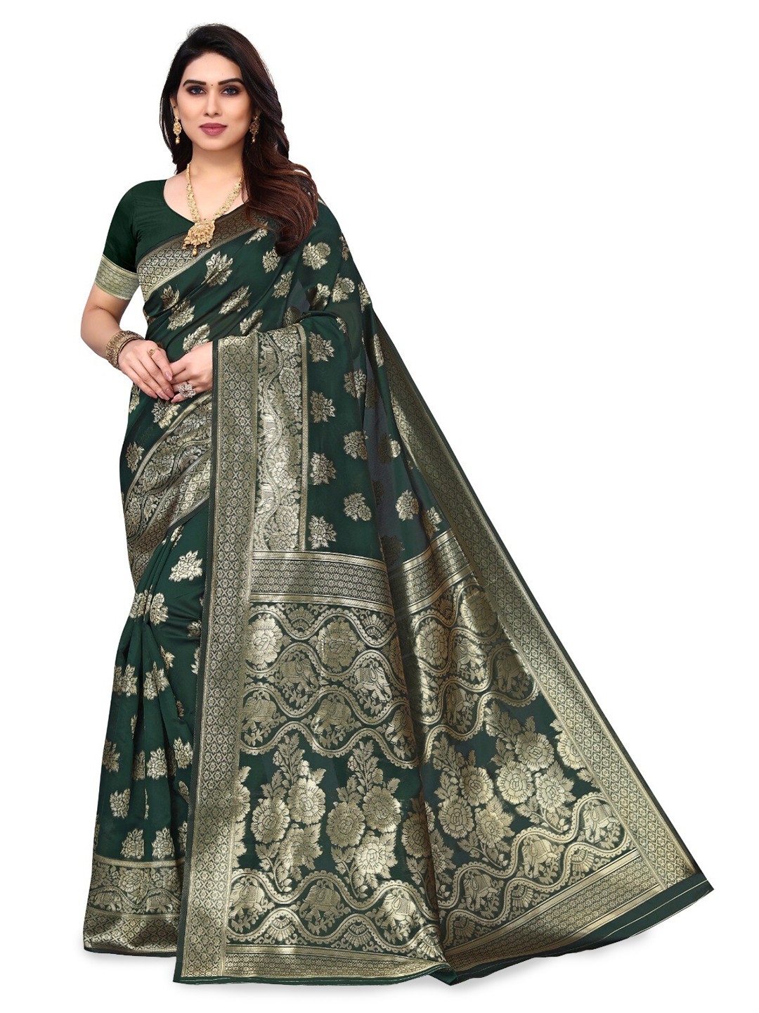 

DIVASTRI Floral Woven Design Zari Silk Cotton Banarasi Saree, Green