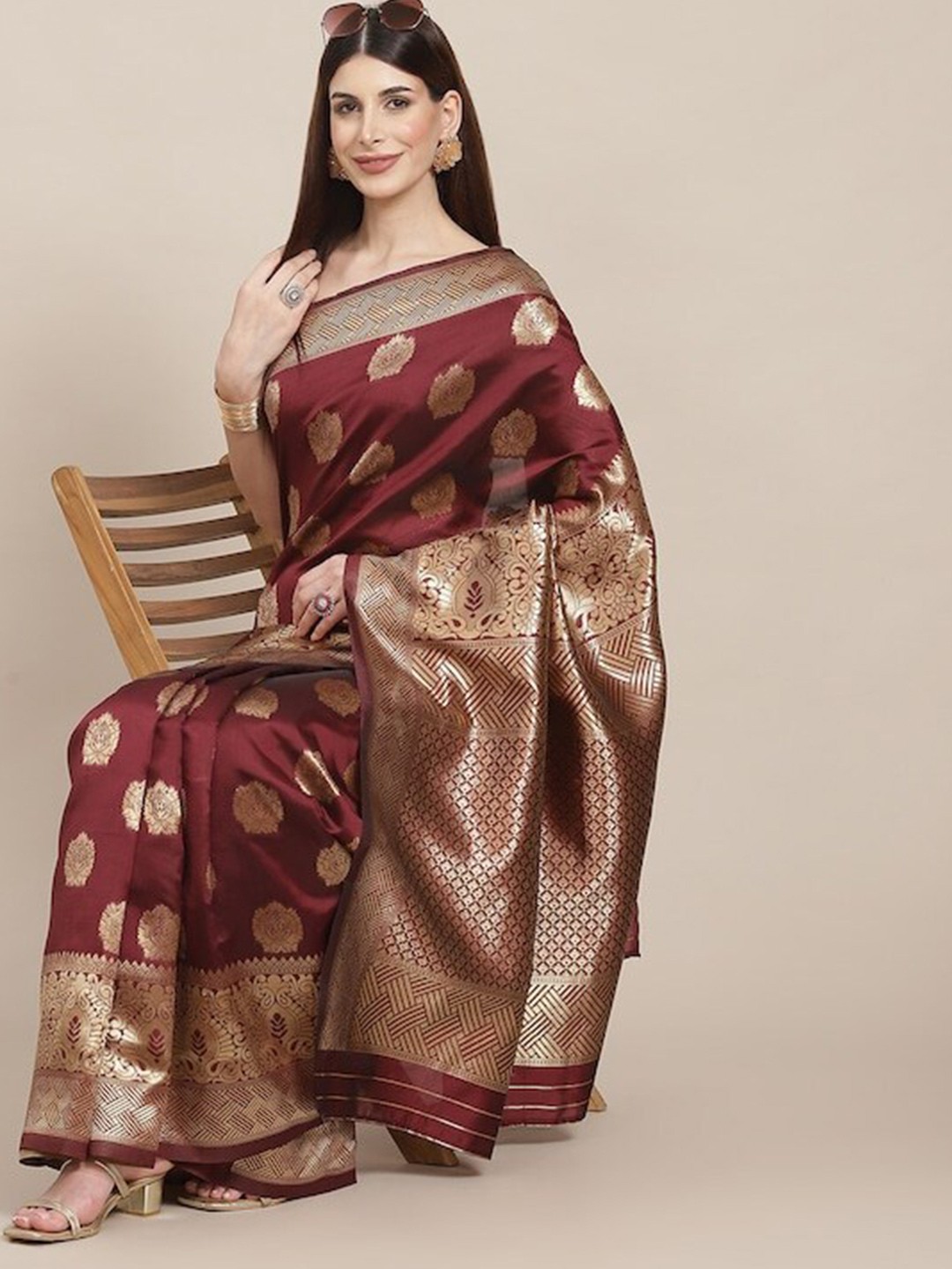

DIVASTRI Ethnic Motif Woven Design Zari Silk Cotton Banarasi Saree, Maroon