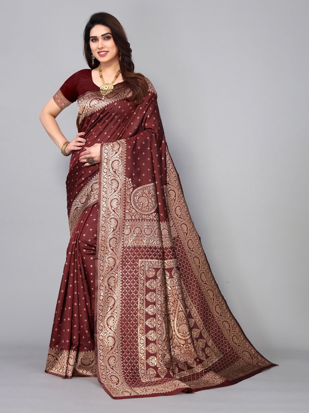 

DIVASTRI Ethnic Motifs Woven Design Zari Silk Cotton Banarasi Saree, Maroon