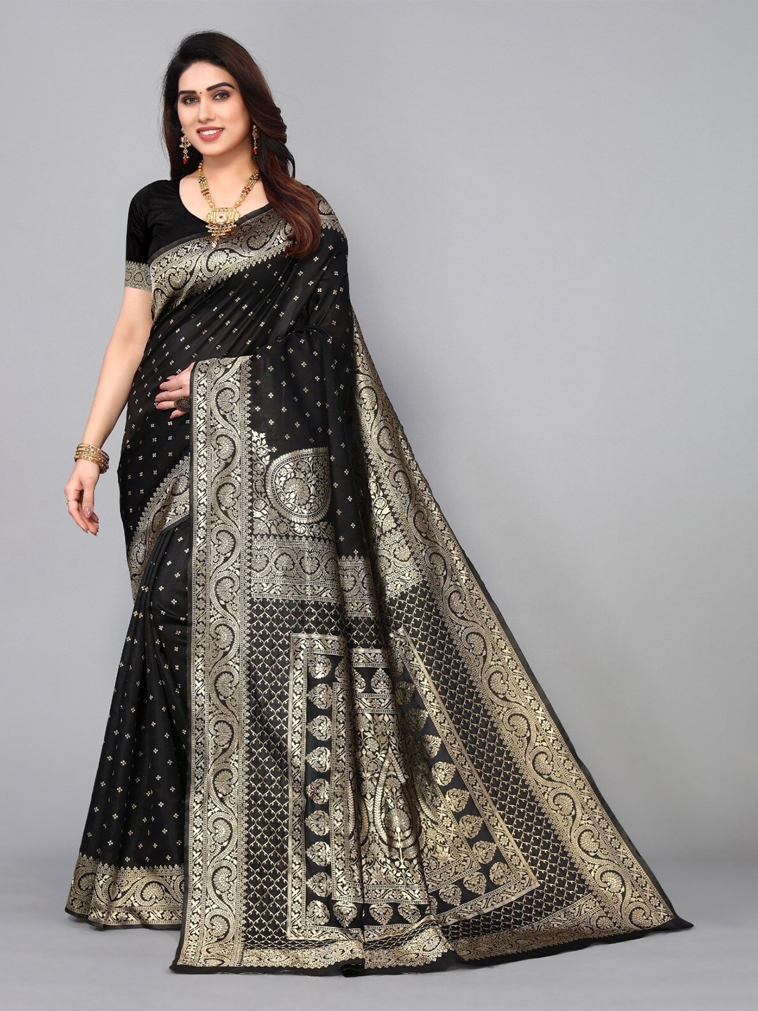

DIVASTRI Ethnic Motifs Woven Design Zari Silk Cotton Banarasi Saree, Black