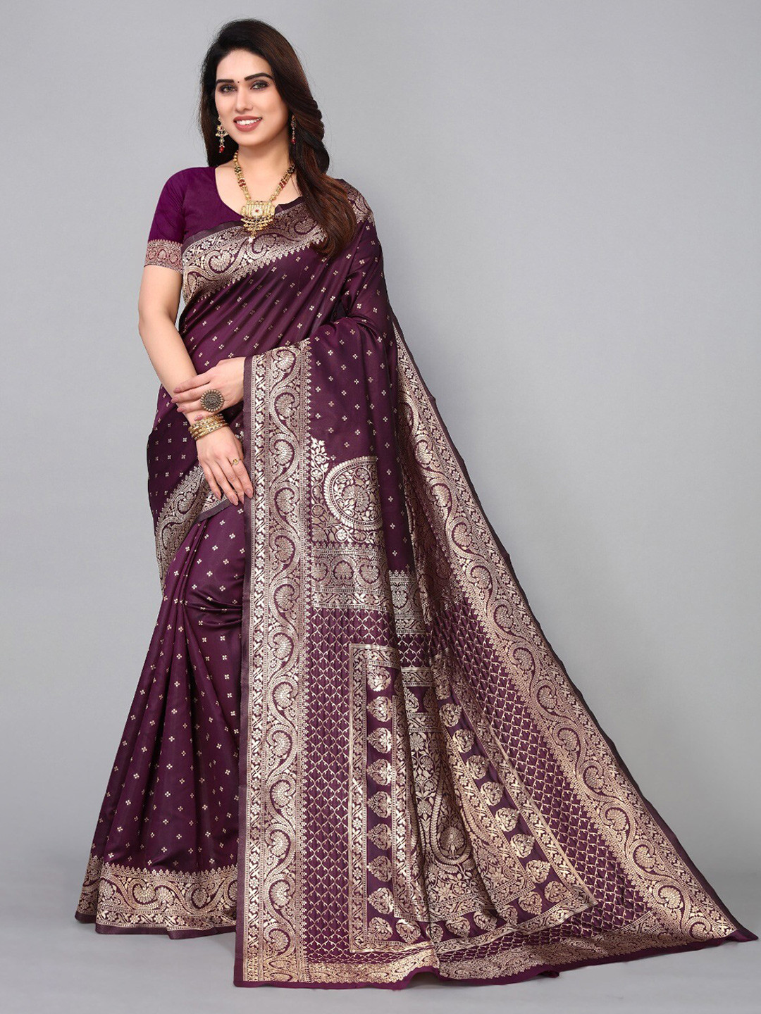 

DIVASTRI Woven Design Zari Silk Cotton Banarasi Saree, Purple