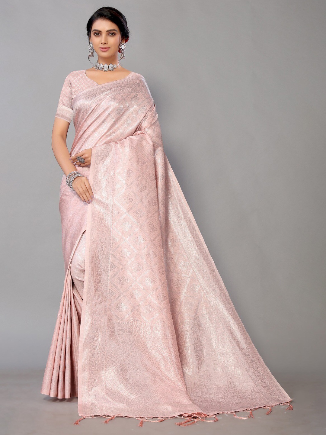 

DIVASTRI Floral Woven Design Zari Cotton Silk Banarasi Saree, Pink