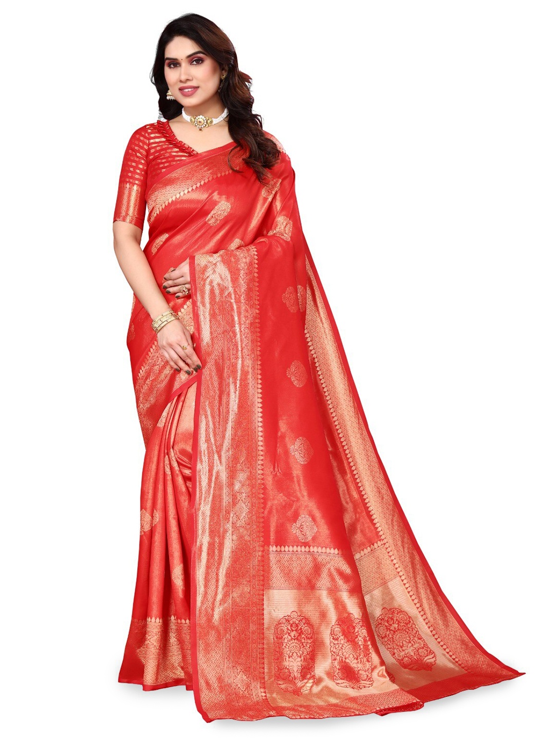 

DIVASTRI Woven Design Zari Silk Cotton Banarasi Saree, Red