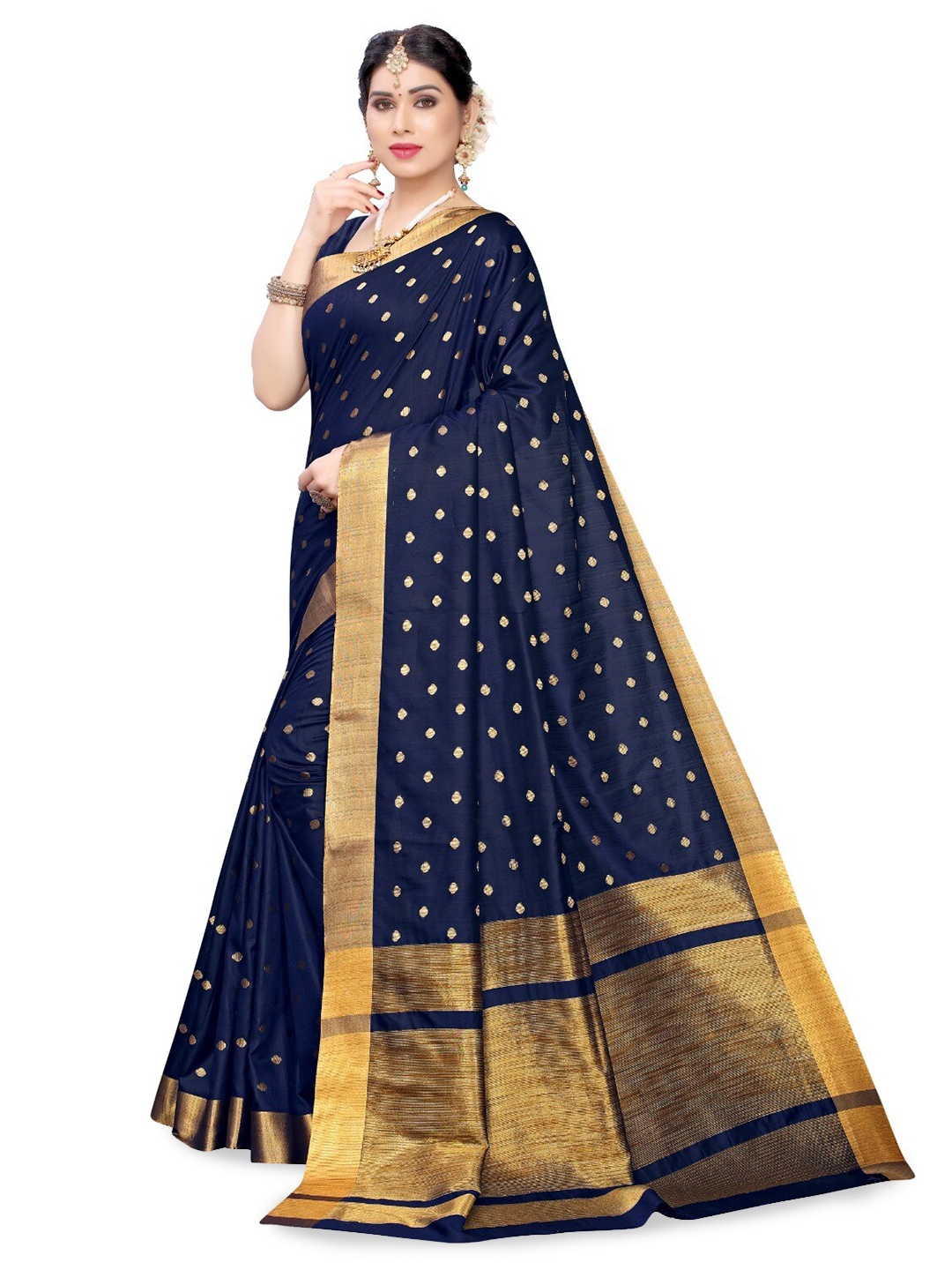 

DIVASTRI Ethnic Motif Woven Design Zari Silk Cotton Banarasi Saree, Navy blue
