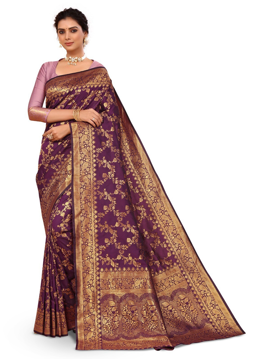 

DIVASTRI Floral Woven Design Zari Silk Cotton Banarasi Saree, Magenta