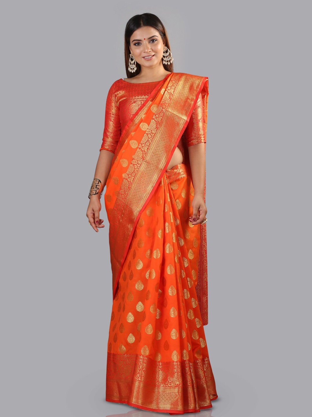 

DIVASTRI Ethnic Motifs Woven Design Zari Silk Cotton Kanjeevaram Saree, Orange