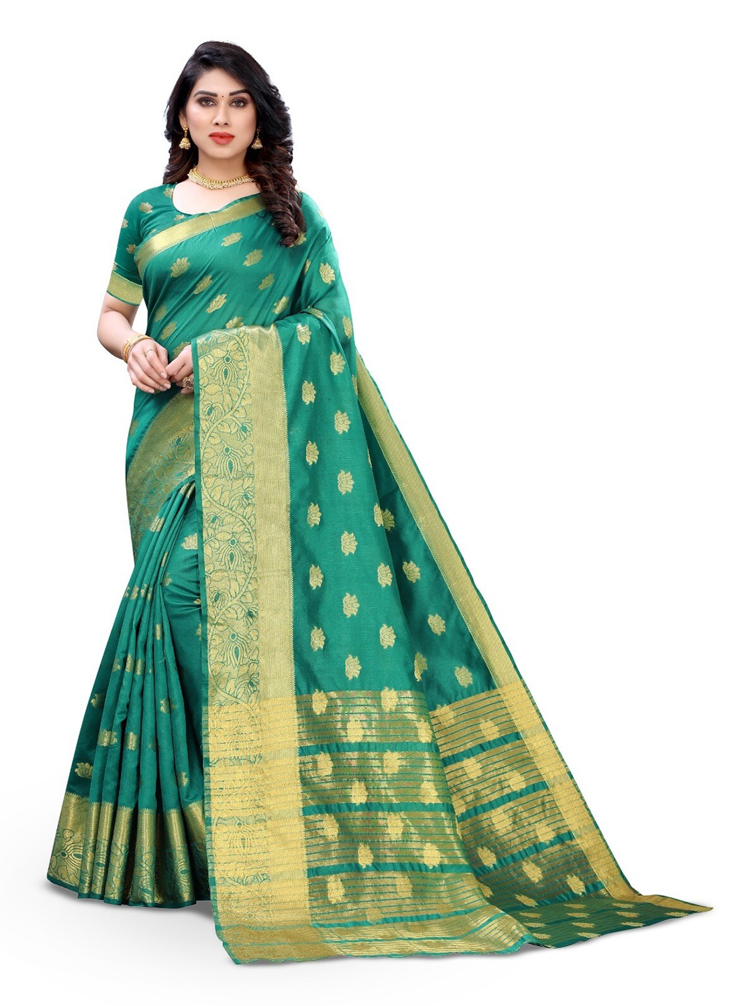 

DIVASTRI Floral Woven Design Zari Silk Cotton Banarasi Saree, Green