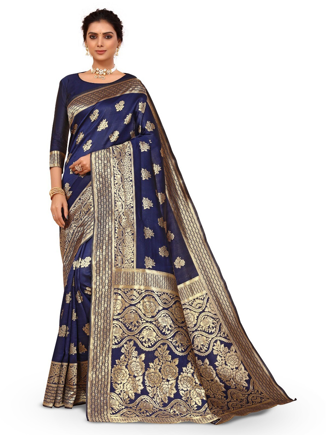 

DIVASTRI Floral Woven Design Zari Silk Cotton Banarasi Saree, Navy blue