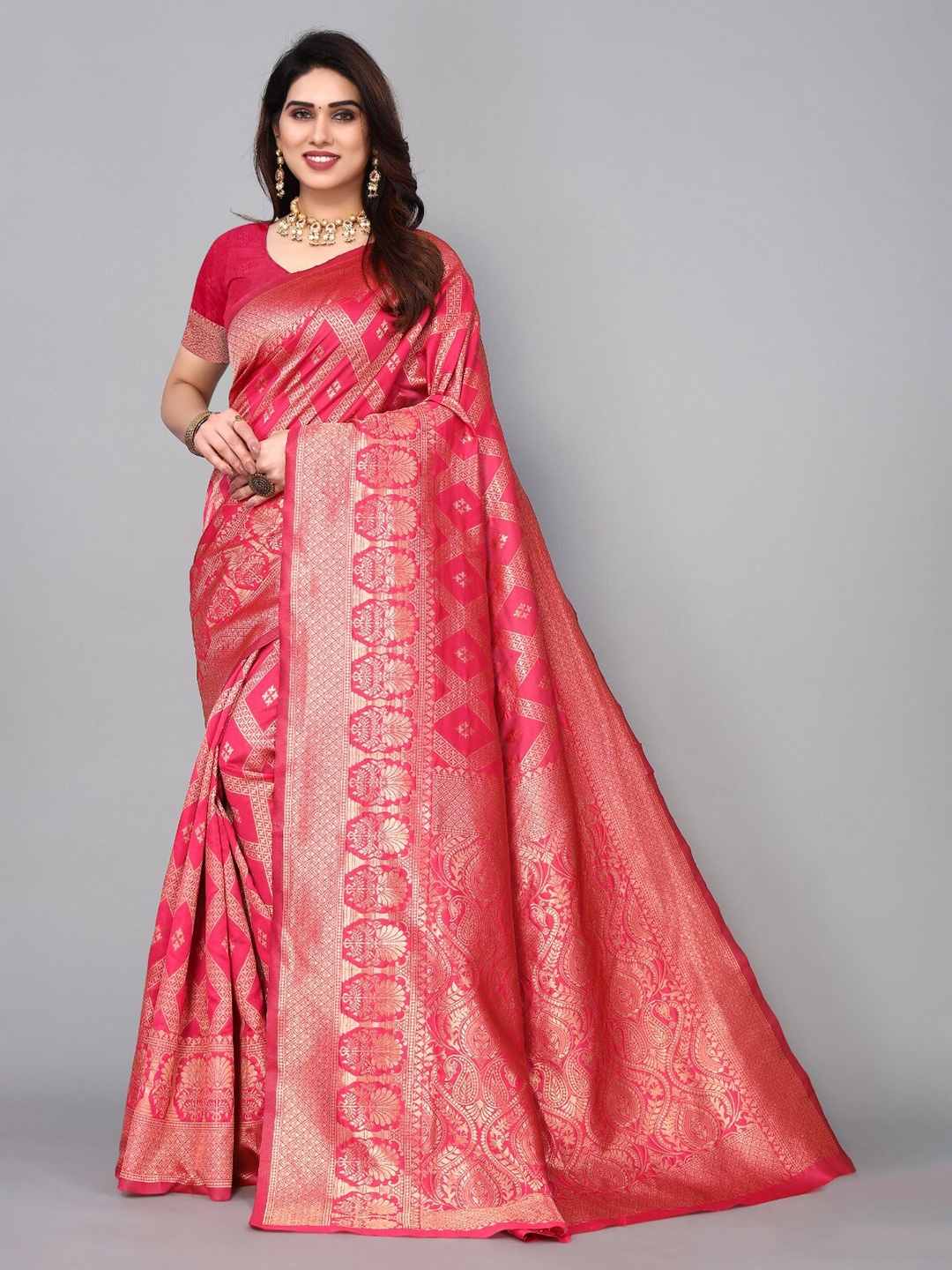 

DIVASTRI Ethnic Motifs Zari Silk Cotton Banarasi Saree, Pink