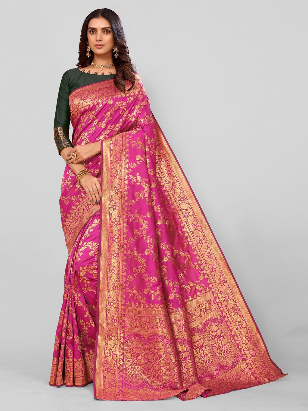 

DIVASTRI Floral Woven Design Zari Silk Cotton Banarasi Saree, Pink