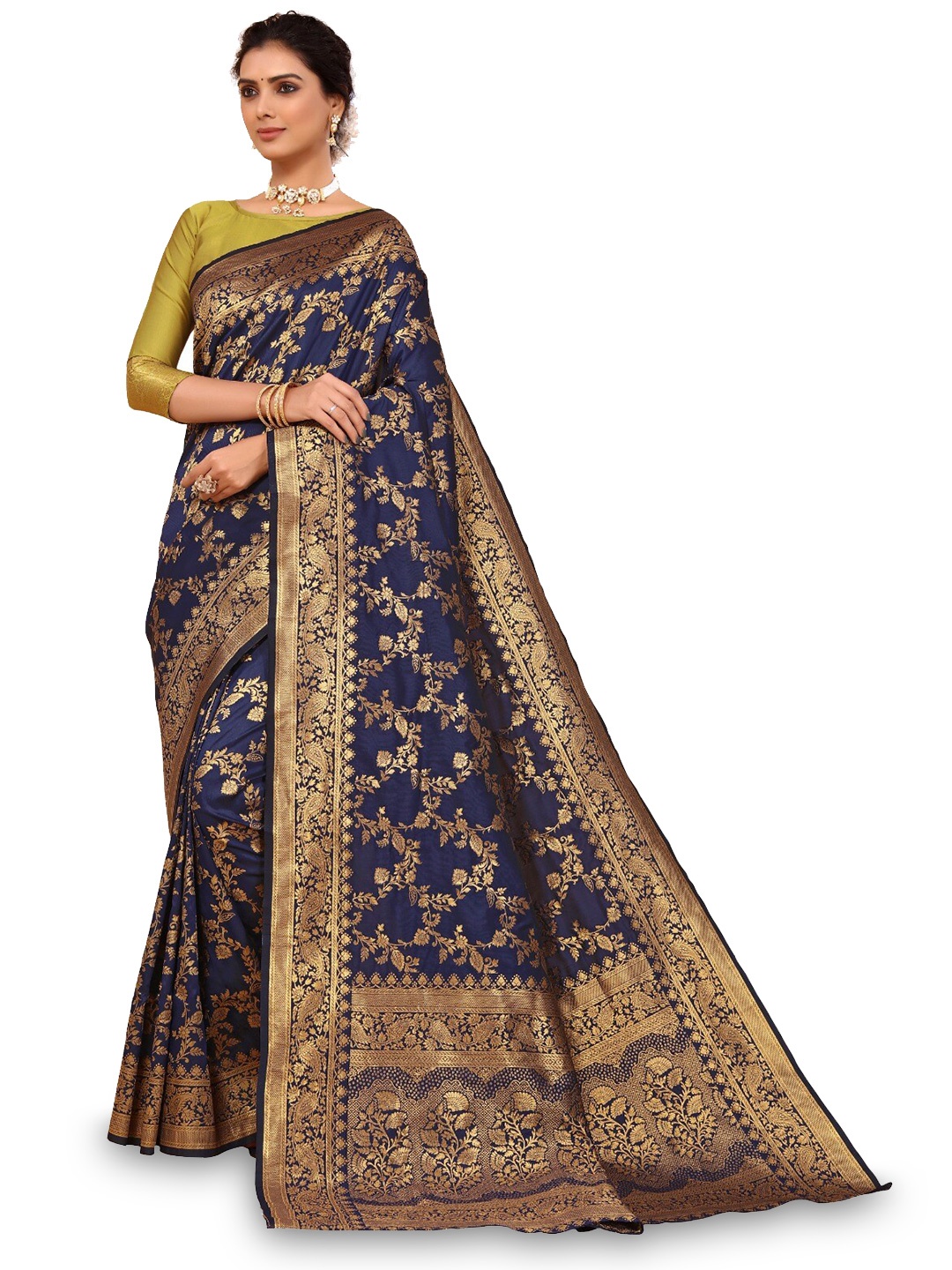 

DIVASTRI Floral Woven Design Zari Silk Cotton Banarasi Saree, Navy blue