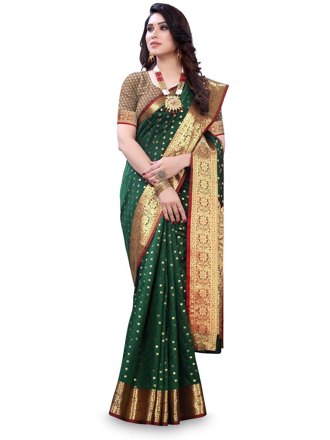 

DIVASTRI Floral Woven Design Zari Silk Cotton Banarasi Saree, Green