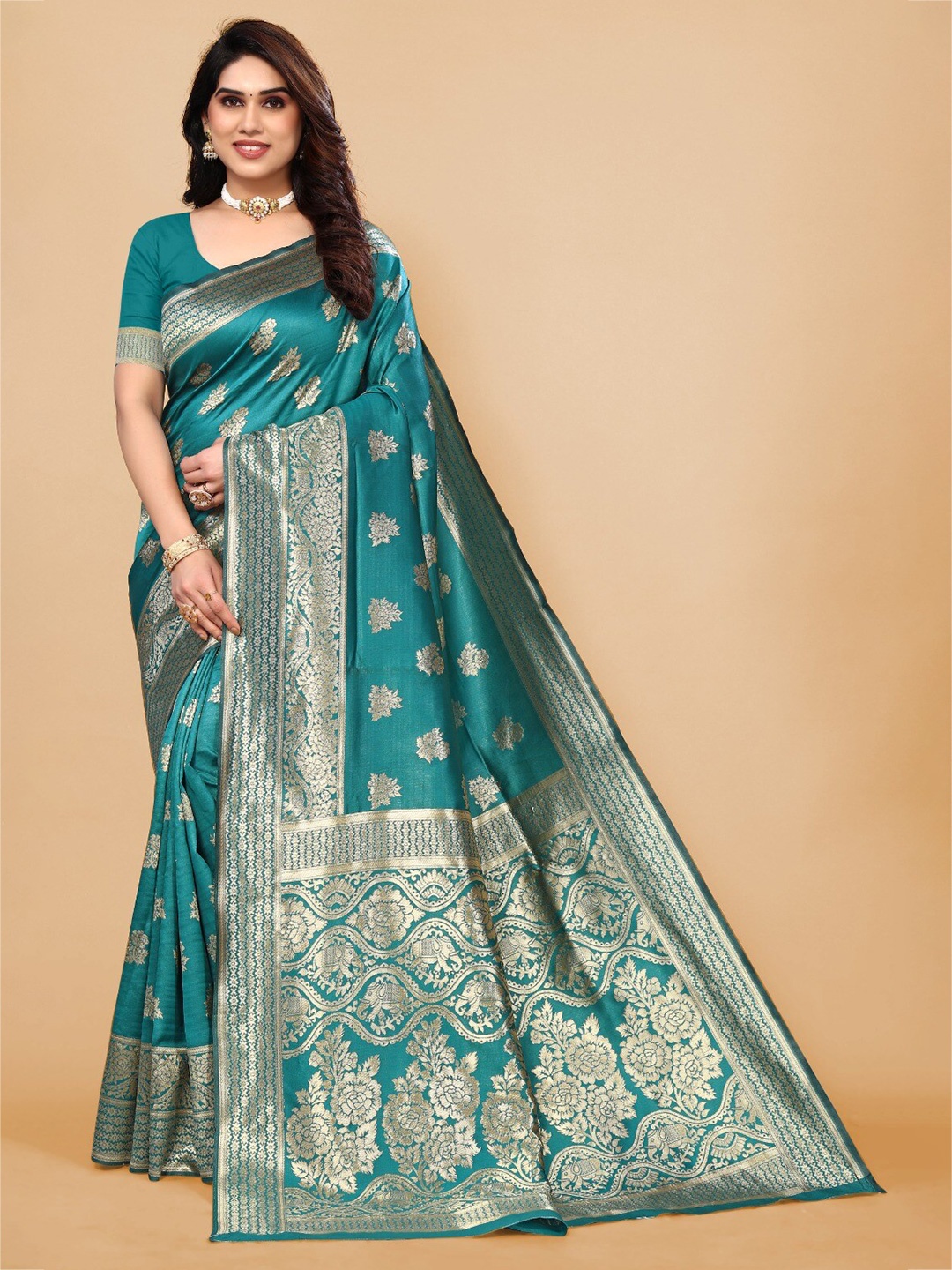 

DIVASTRI Ethnic Motifs Zari Silk Cotton Banarasi Saree, Sea green