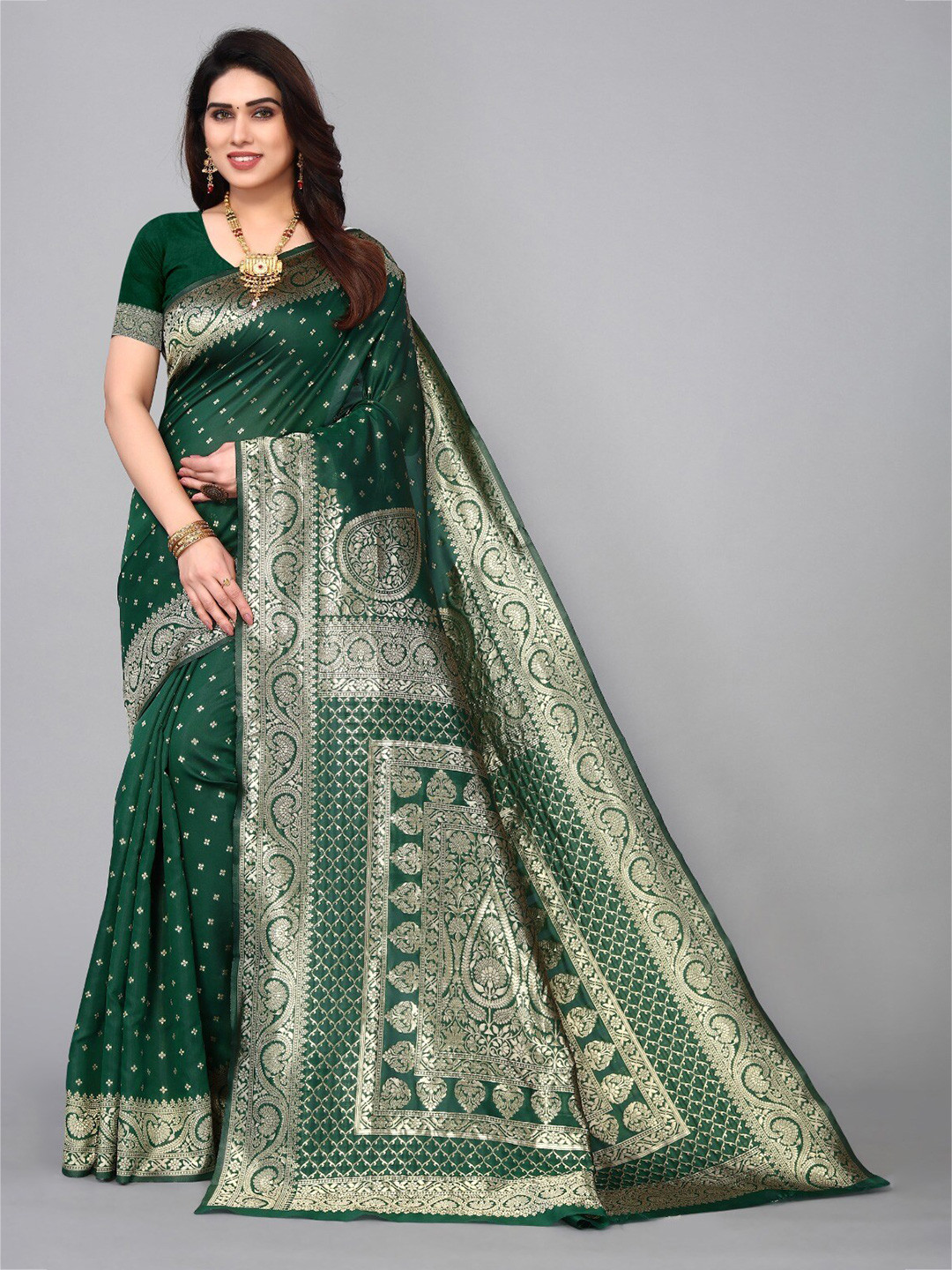 

DIVASTRI Ethnic Motifs Zari Silk Cotton Banarasi Saree With Blouse Piece, Green